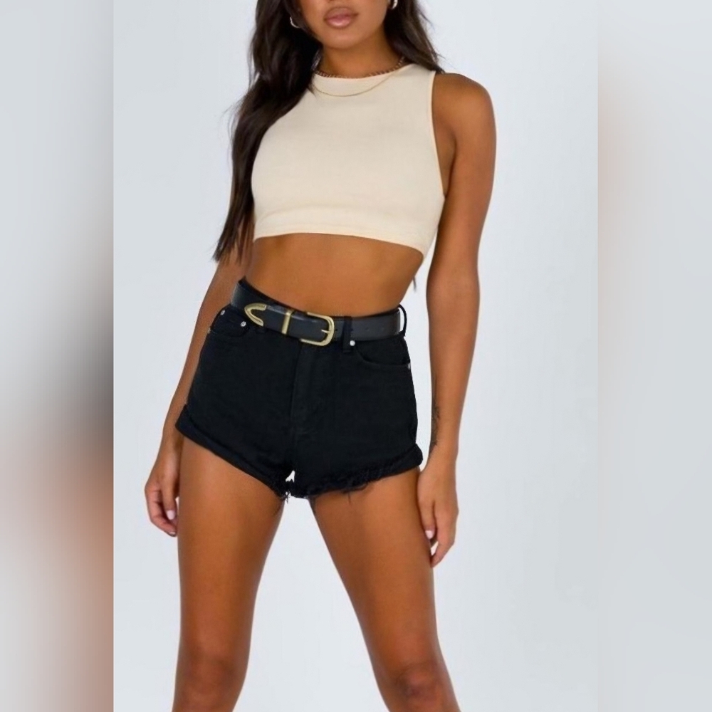 NWT Princess Polly Eddie High-Waisted Frayed Raw Black Denim Shorts Size 4